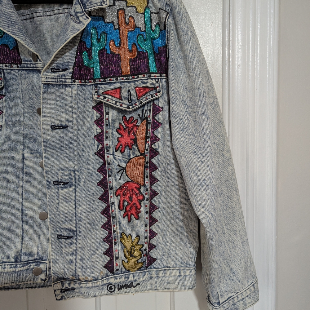 Beautiful Vintage Handpainted By Uma Denim Jacket With Desert Design. - Picture 6 of 9
